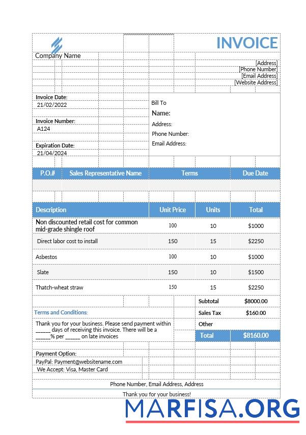 Blank Roofing Estimate Invoice Template